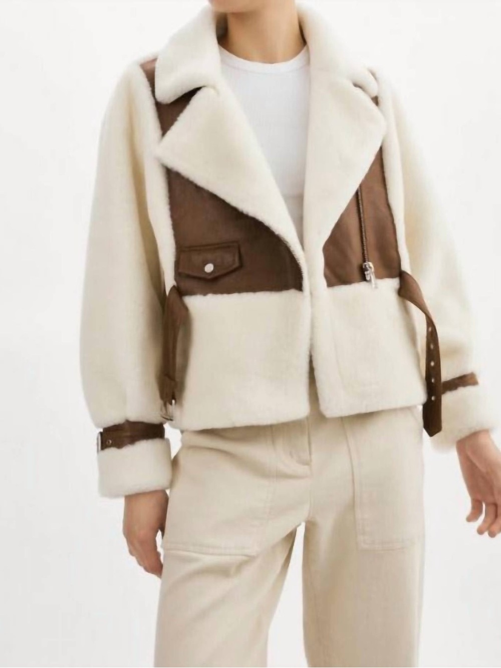 Lamarque Cream & Brown Faux Shearling Aviator Jacket